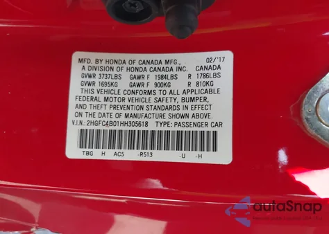 2017 Honda Civic Lx-P z USA, uszkodzony, nr VIN 2HGFC4B01HH305618